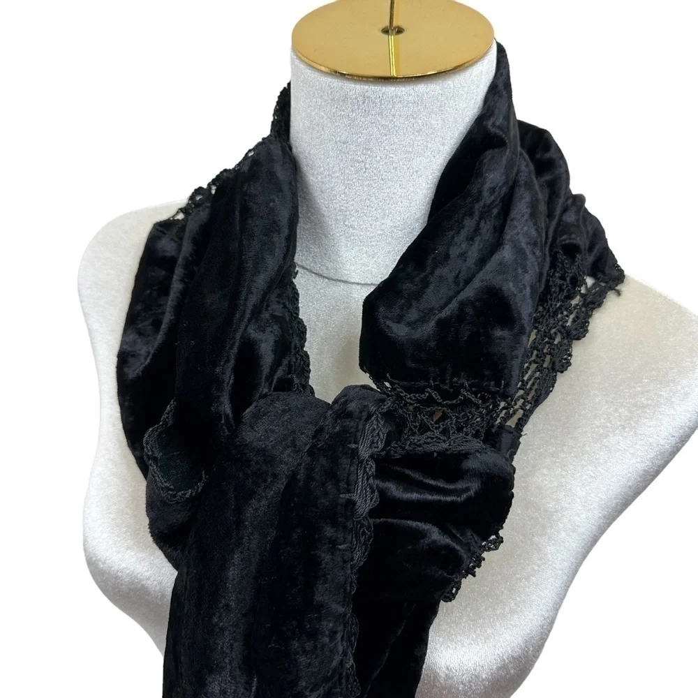Whimsigoth Black Velvet Lace Fringe Scarf, Vintage Elegance